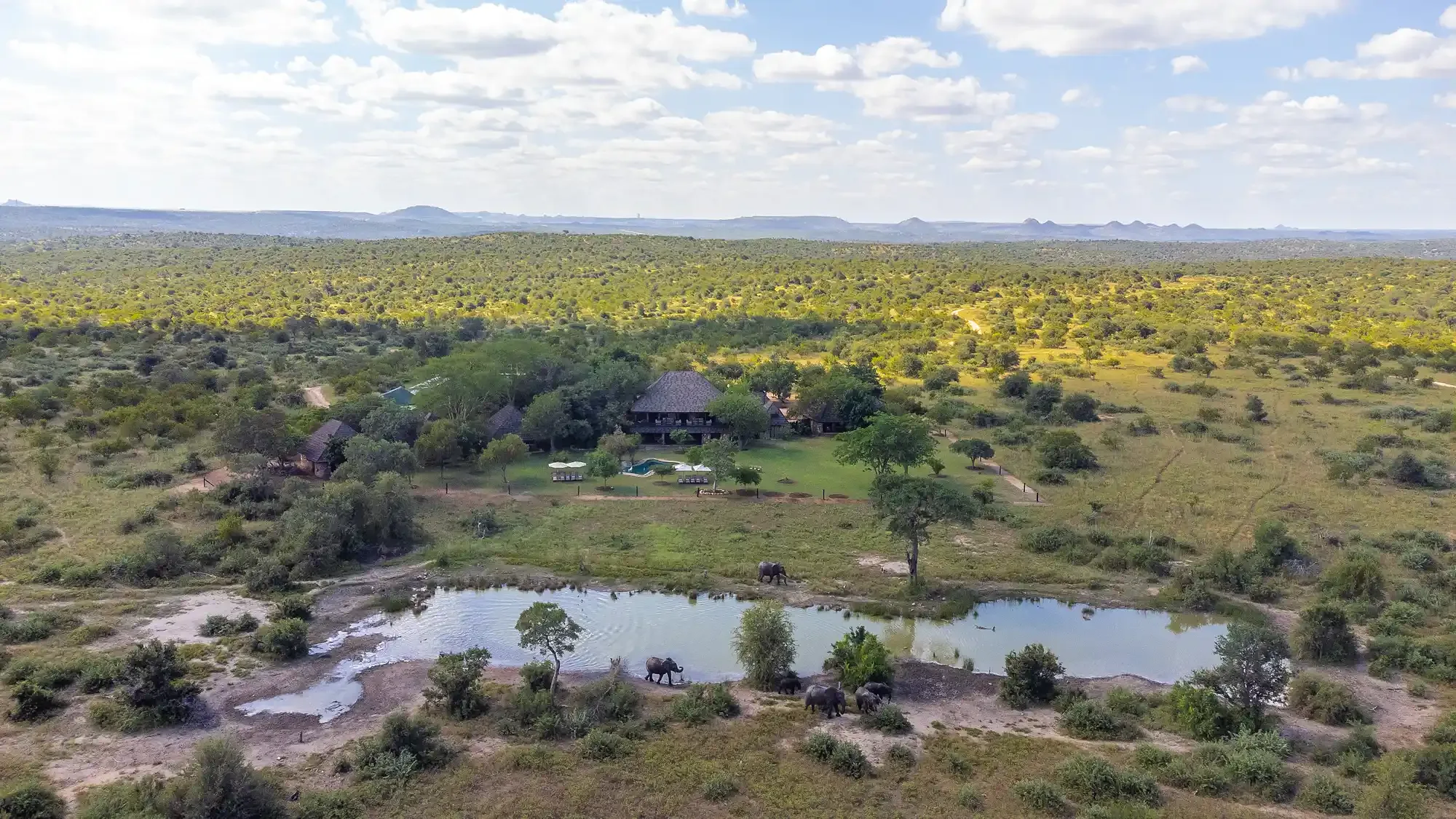 Aerial view of Nzumba Lodge at dawn in Klaserie Private Nature Reserve