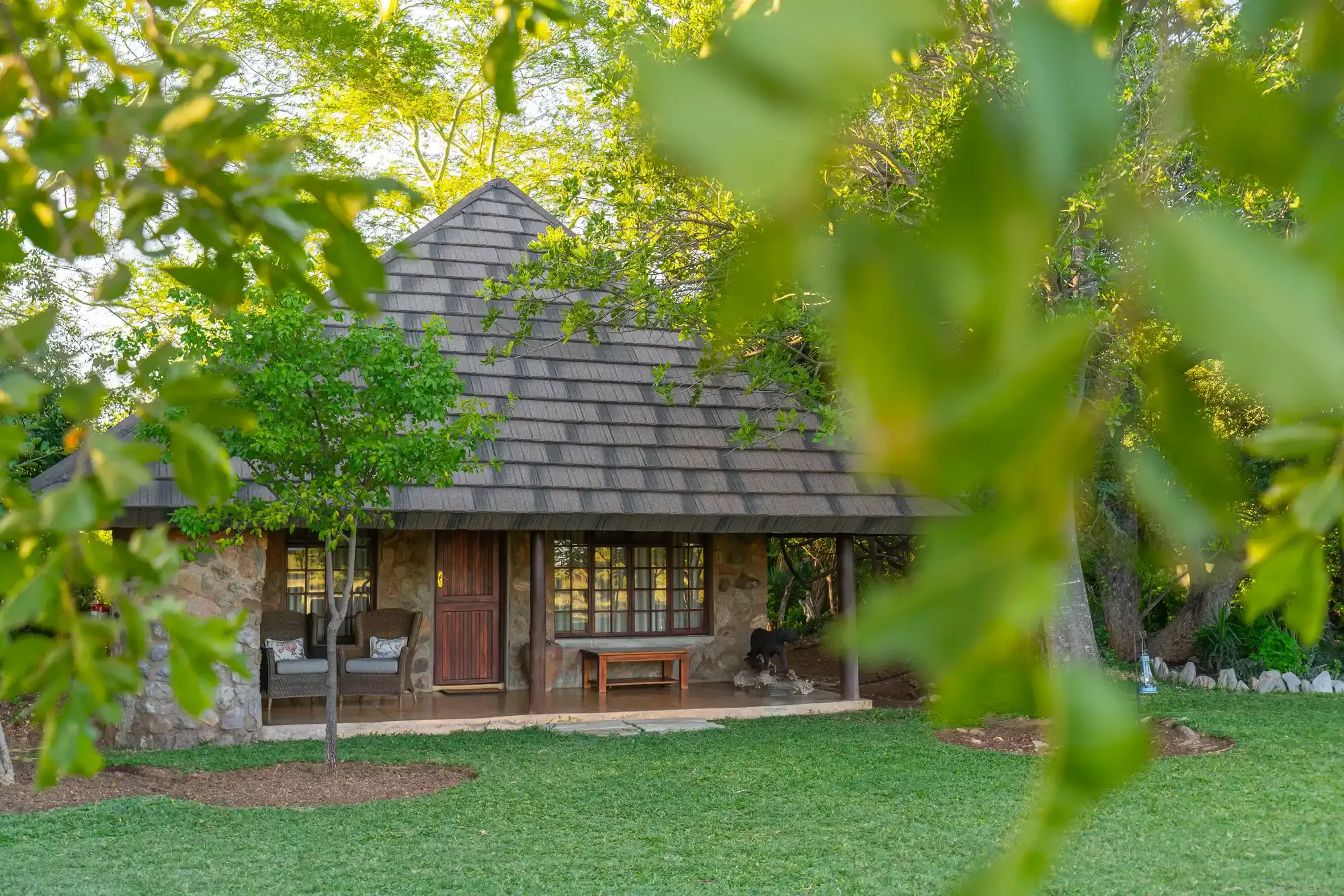 Exterior of a Nzumba Lodge chalet nestled among Klaserie marula trees