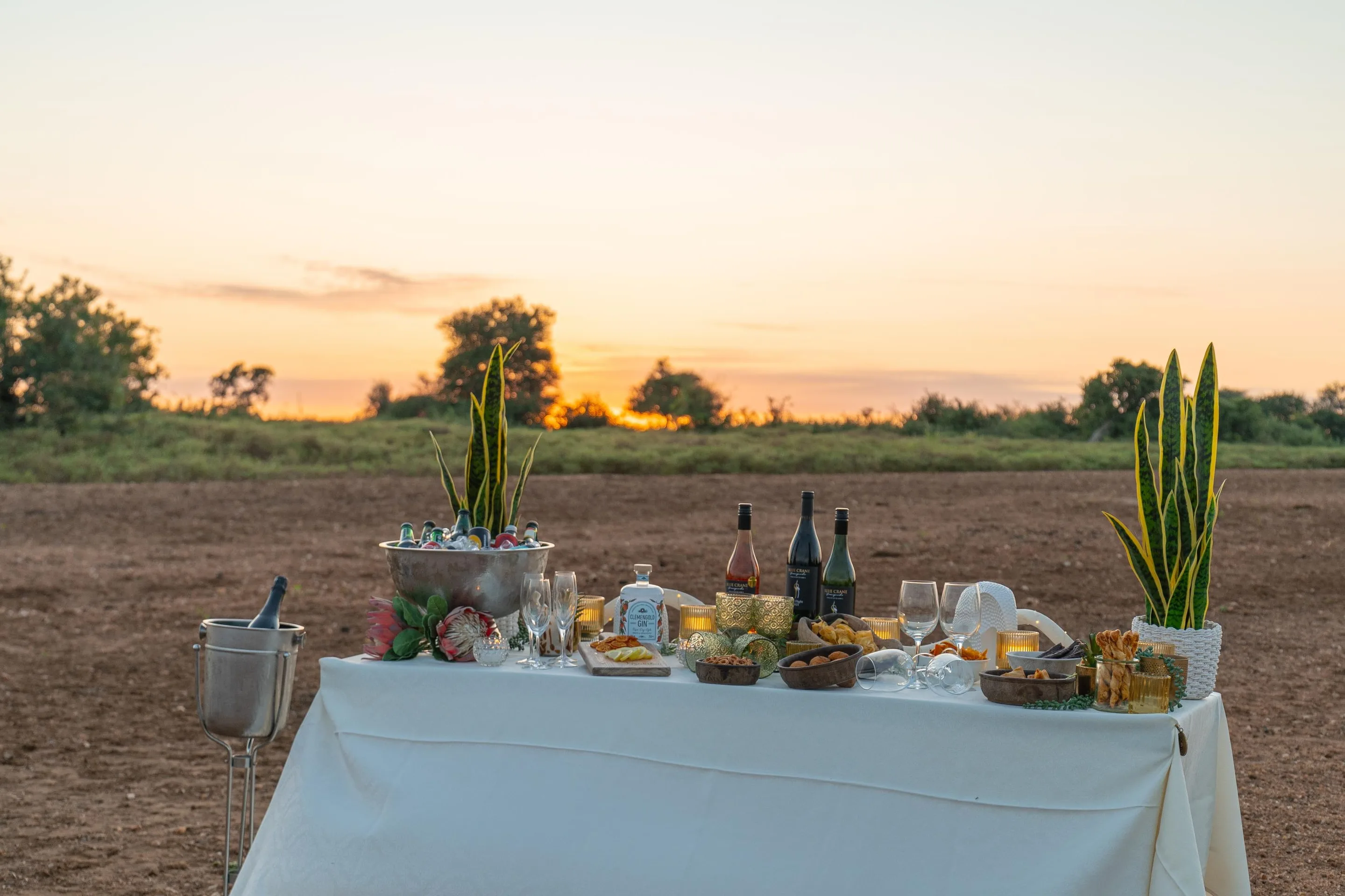 Drinks table at sunset on a Nzumba game drive in Klaserie Private Nature Reserve