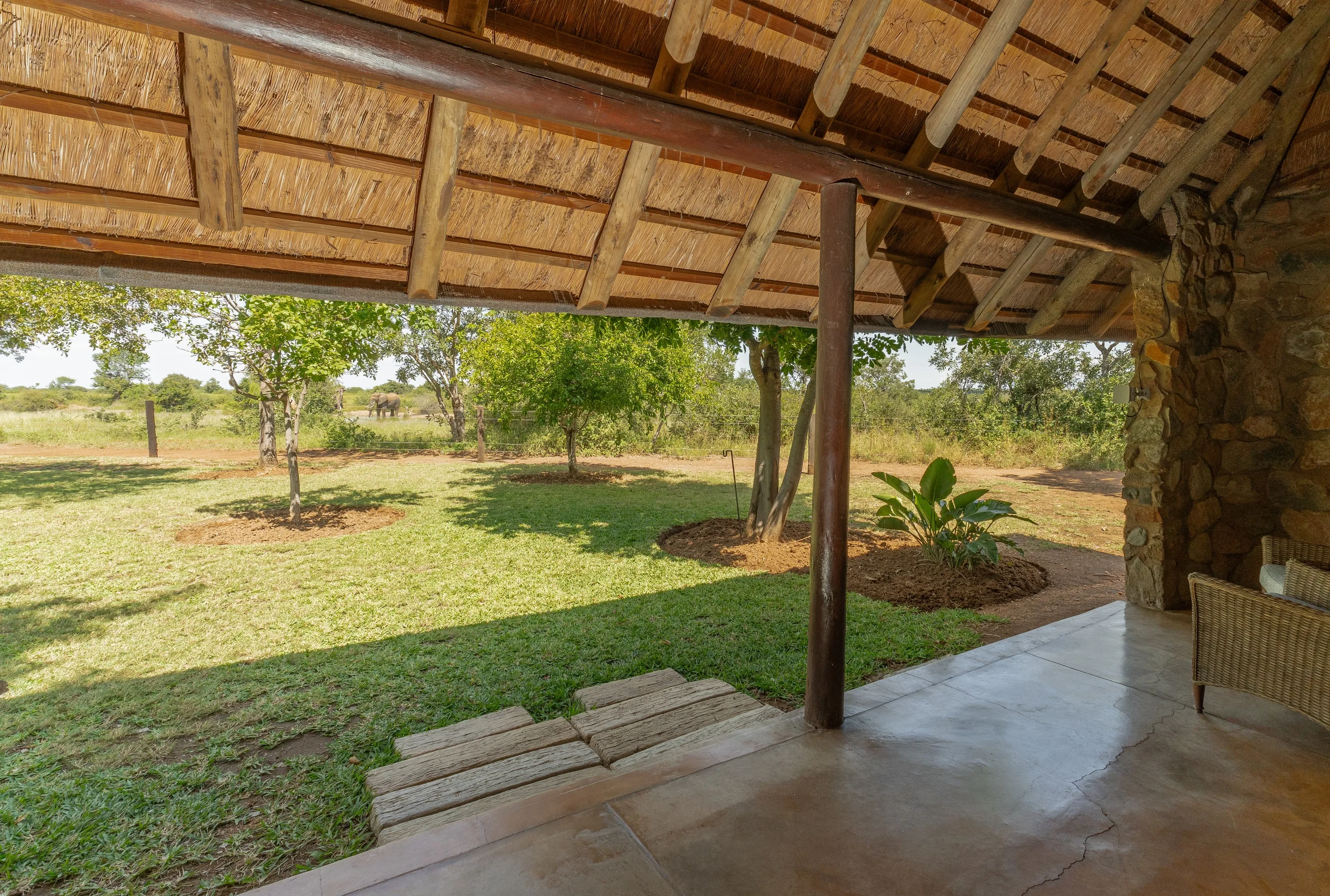 Inside a Nzumba chalet — thatched ceiling and refined safari decor